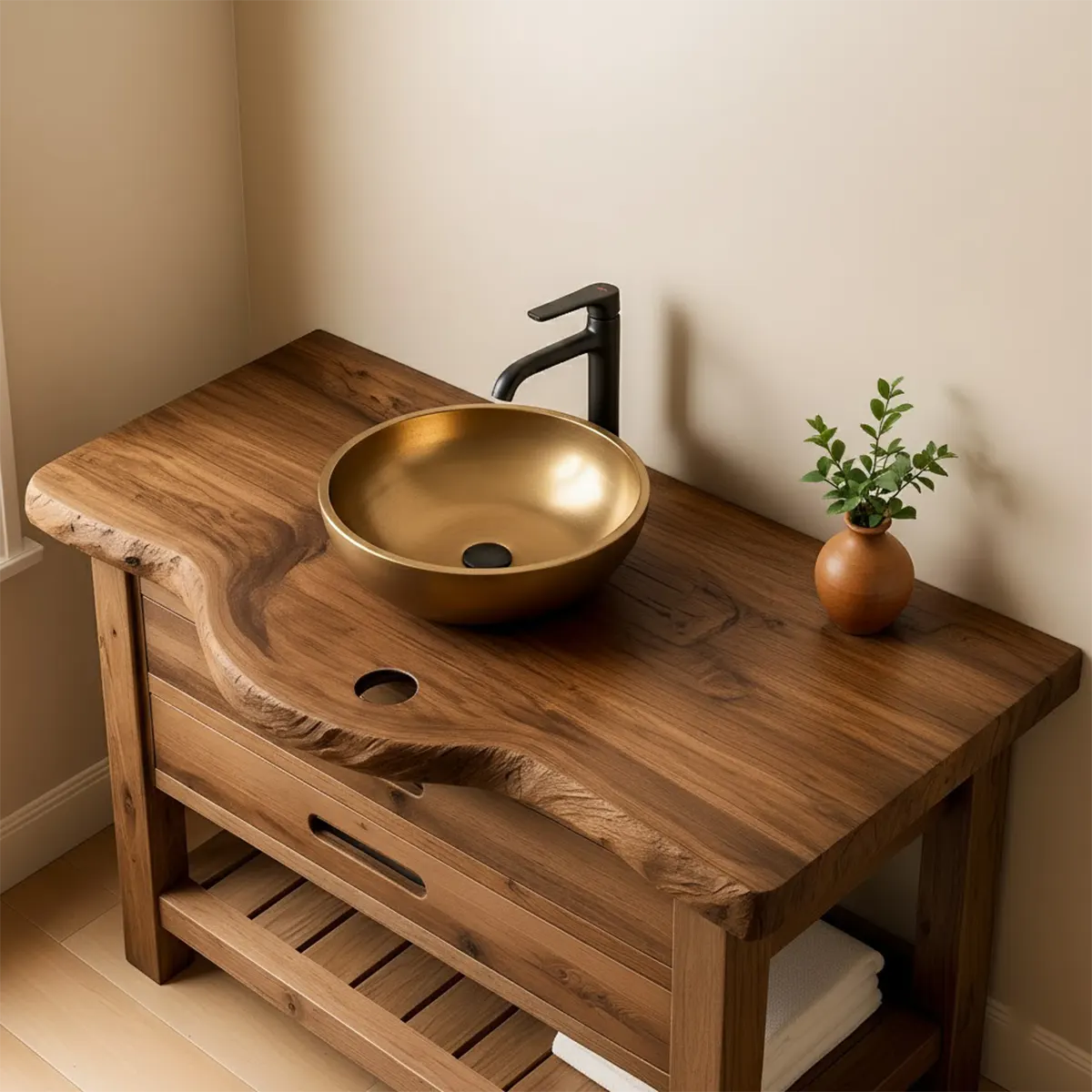 Live Edge Solid Wood Bathroom Vanity With Drawers & Open Shelf - Rustiracraft