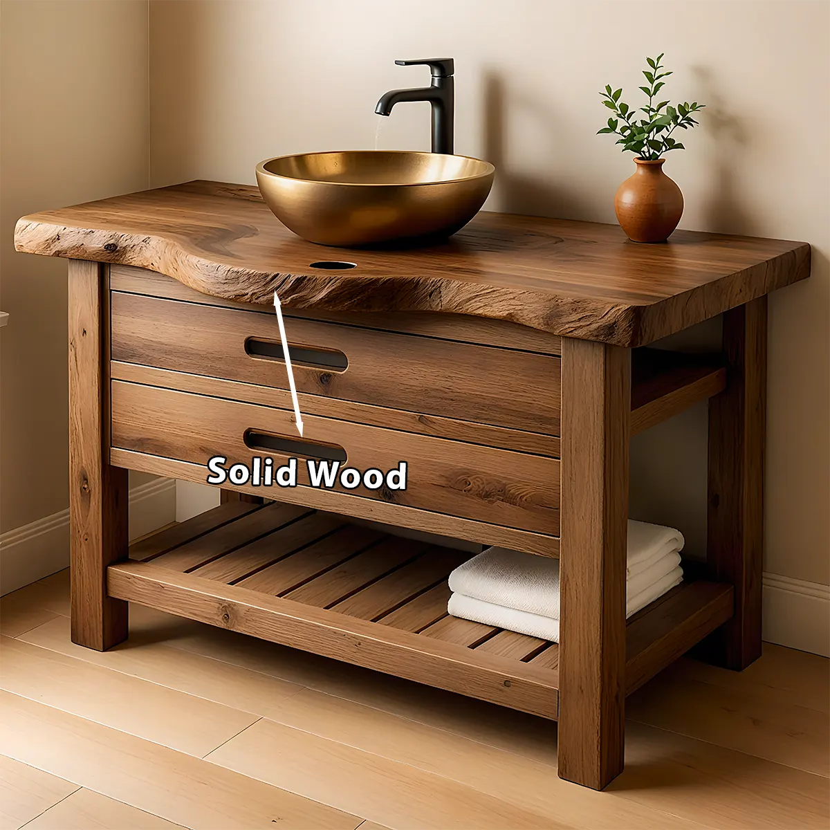 Live Edge Solid Wood Bathroom Vanity With Drawers & Open Shelf - Rustiracraft