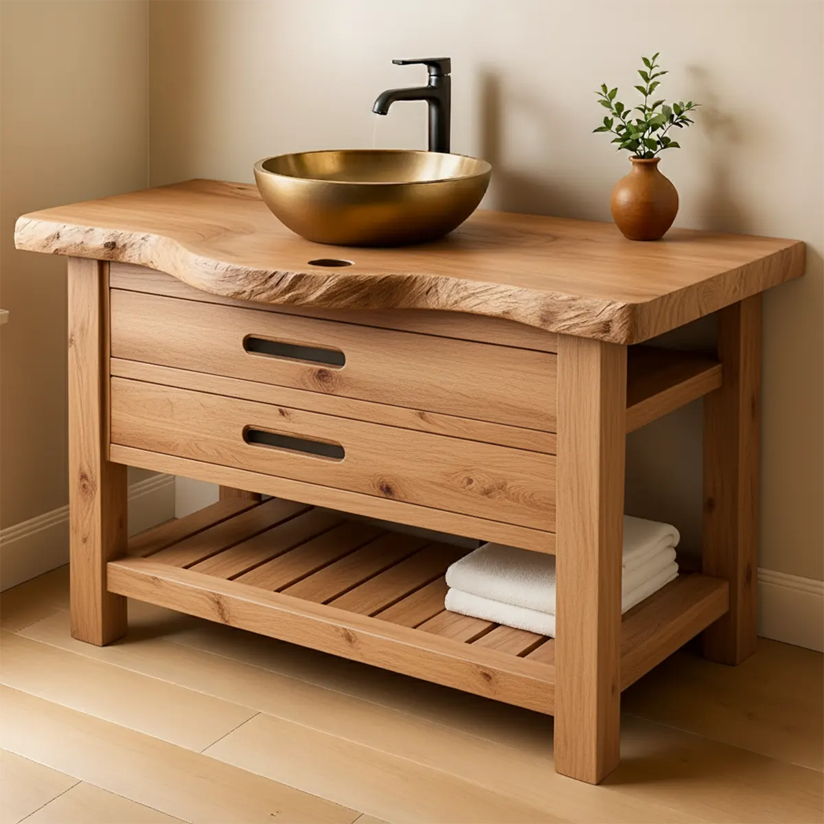 Live Edge Solid Wood Bathroom Vanity With Drawers & Open Shelf - Rustiracraft