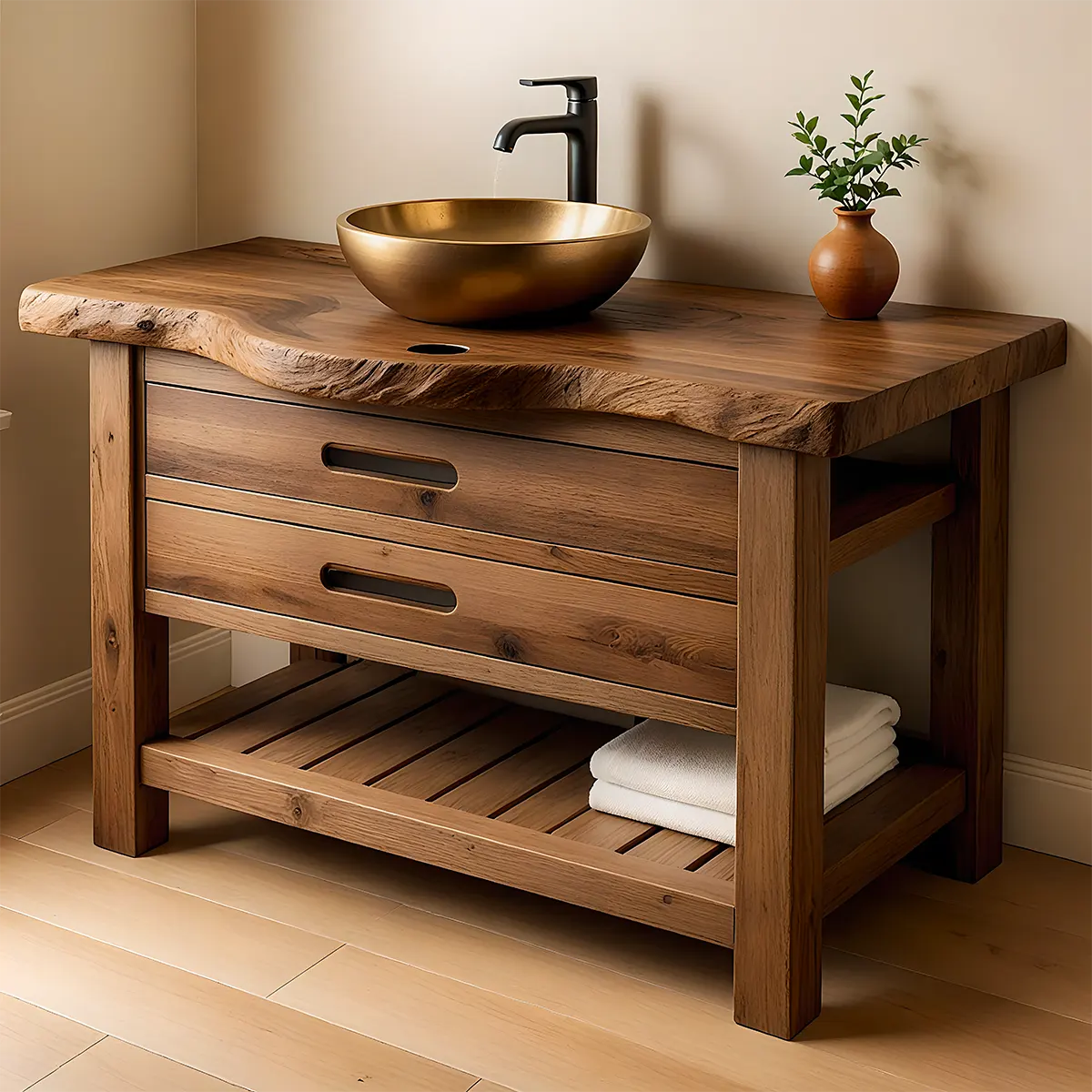 Live Edge Solid Wood Bathroom Vanity With Drawers & Open Shelf - Rustiracraft