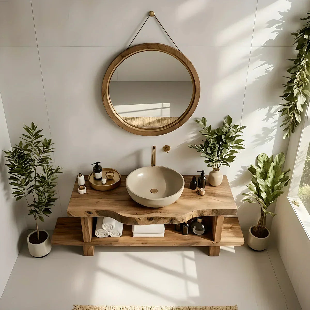 Live Edge Solid Wood Bathroom Vanity with Open Shelf – Handmade - Rustiracraft