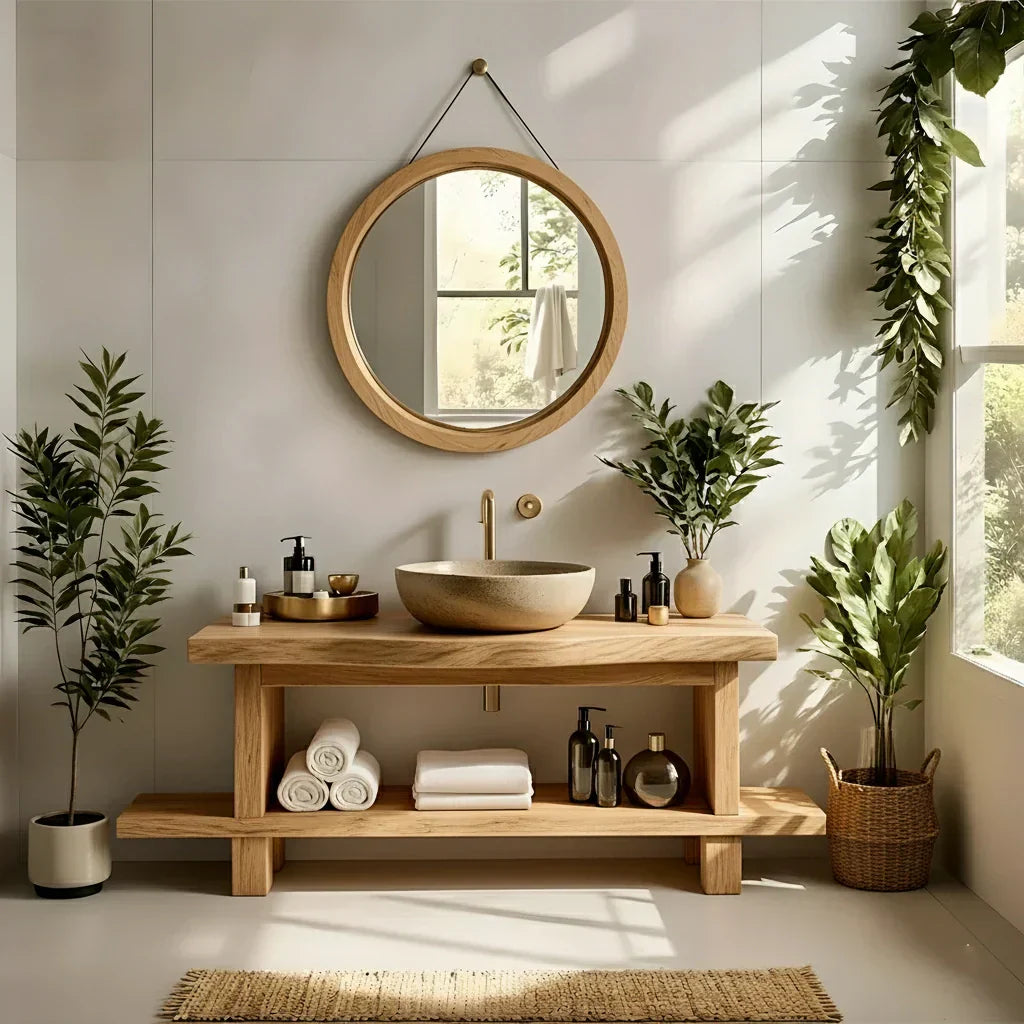 Live Edge Solid Wood Bathroom Vanity with Open Shelf – Handmade - Rustiracraft