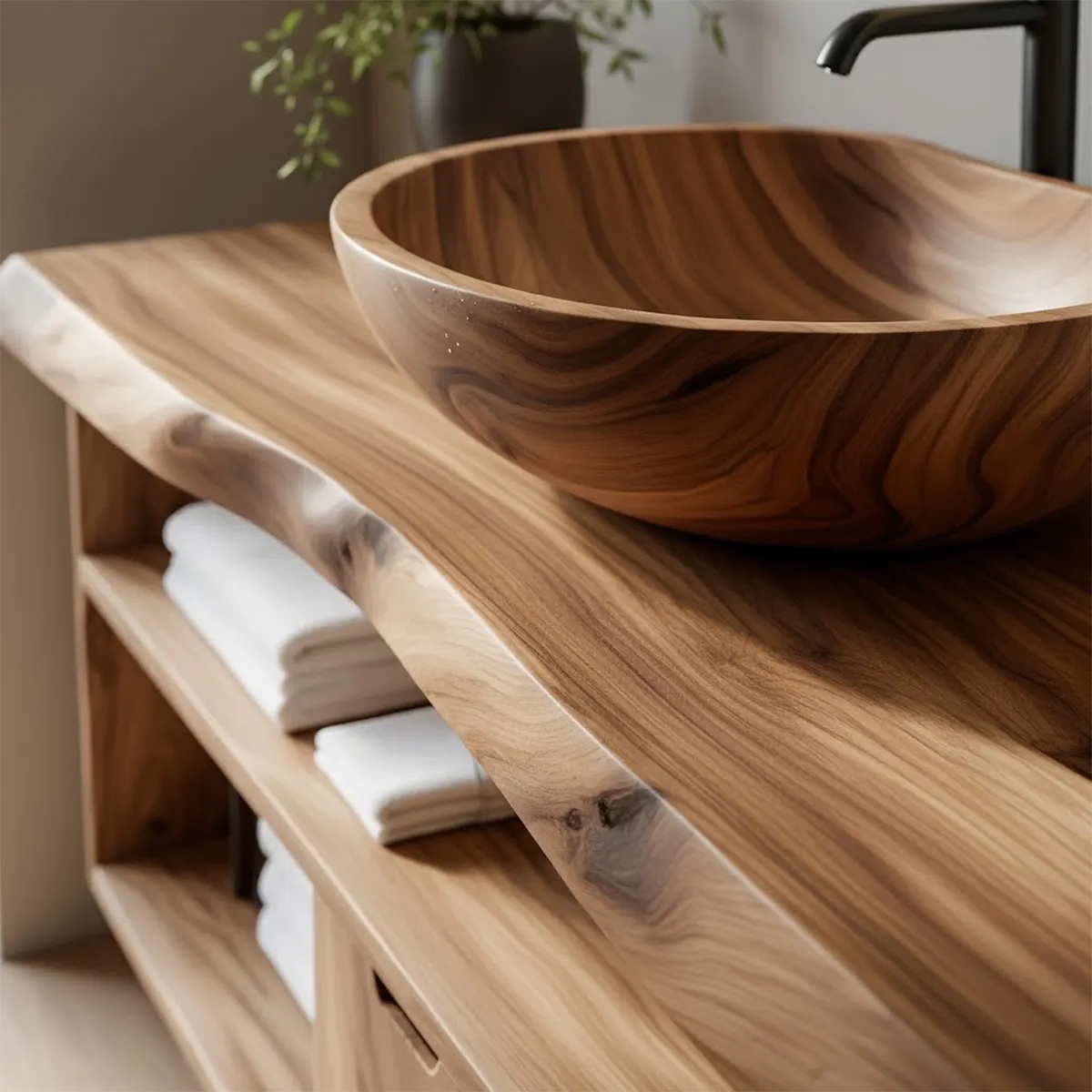 Live Edge Solid Wood Bathroom Vanity with Open Shelves & Drawers - Rustiracraft