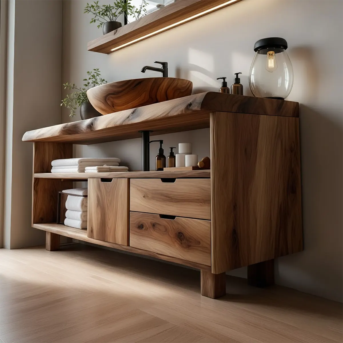 Live Edge Solid Wood Bathroom Vanity with Open Shelves & Drawers - Rustiracraft
