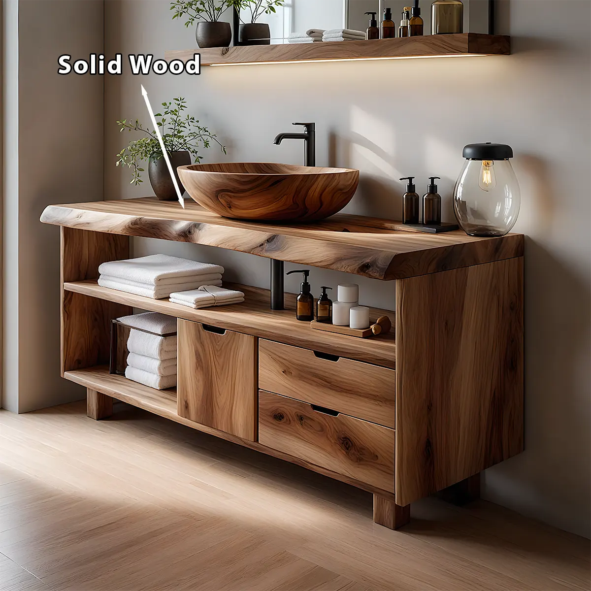 Live Edge Solid Wood Bathroom Vanity with Open Shelves & Drawers - Rustiracraft