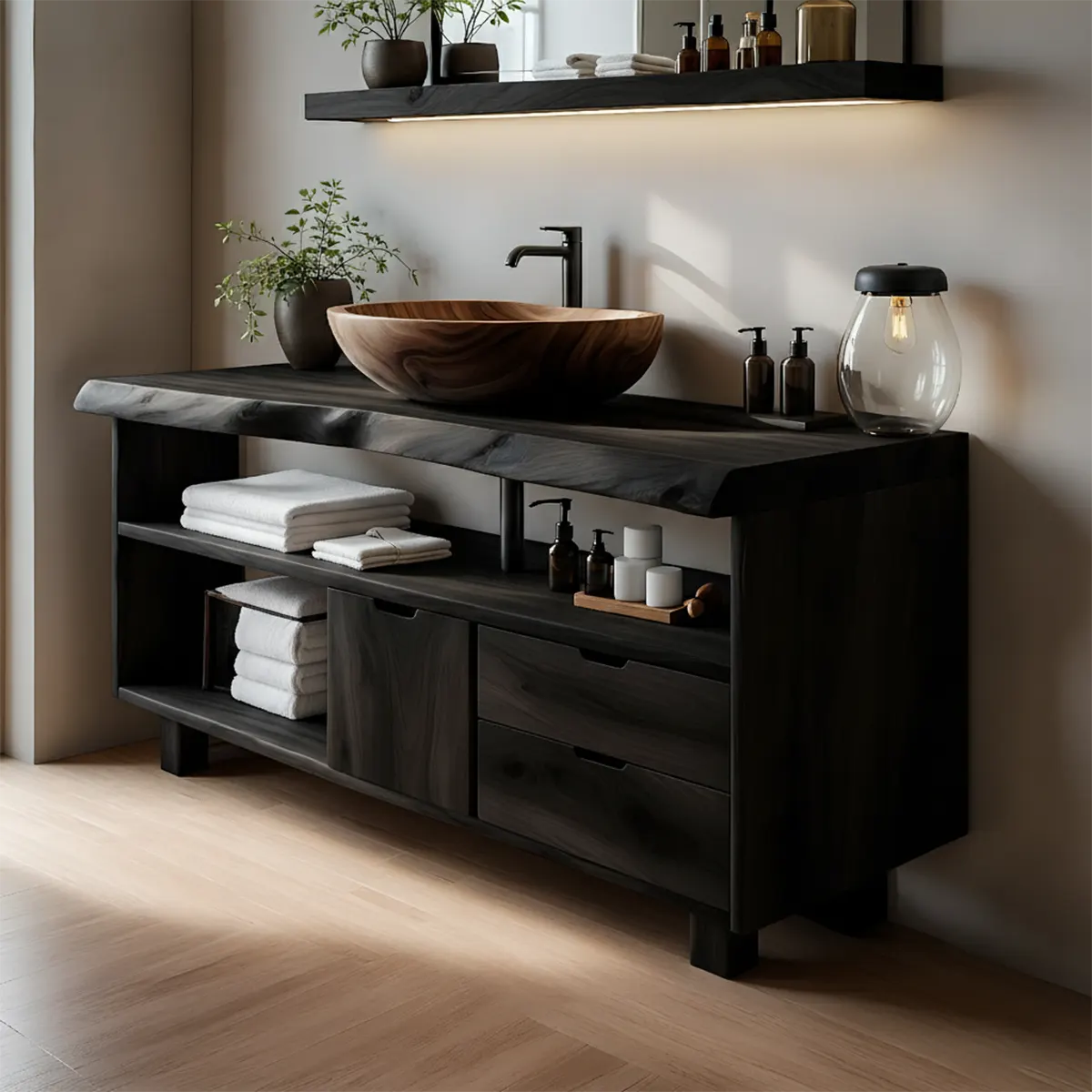 Live Edge Solid Wood Bathroom Vanity with Open Shelves & Drawers - Rustiracraft