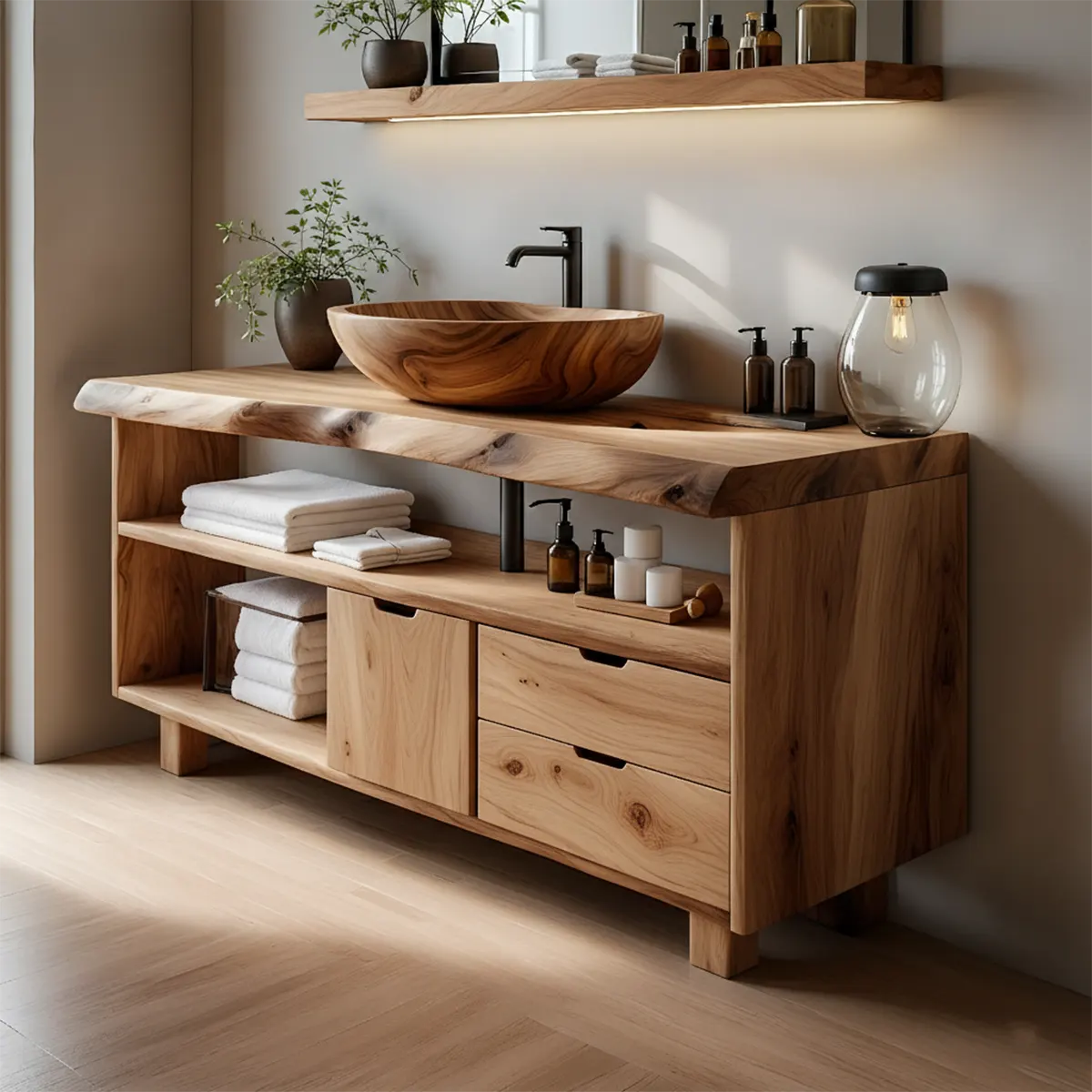 Live Edge Solid Wood Bathroom Vanity with Open Shelves & Drawers - Rustiracraft