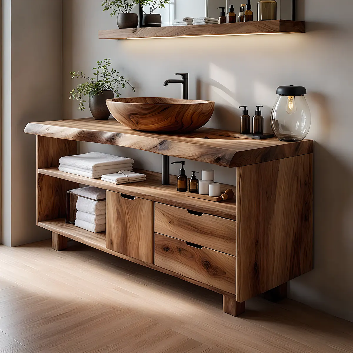 Live Edge Solid Wood Bathroom Vanity with Open Shelves & Drawers - Rustiracraft