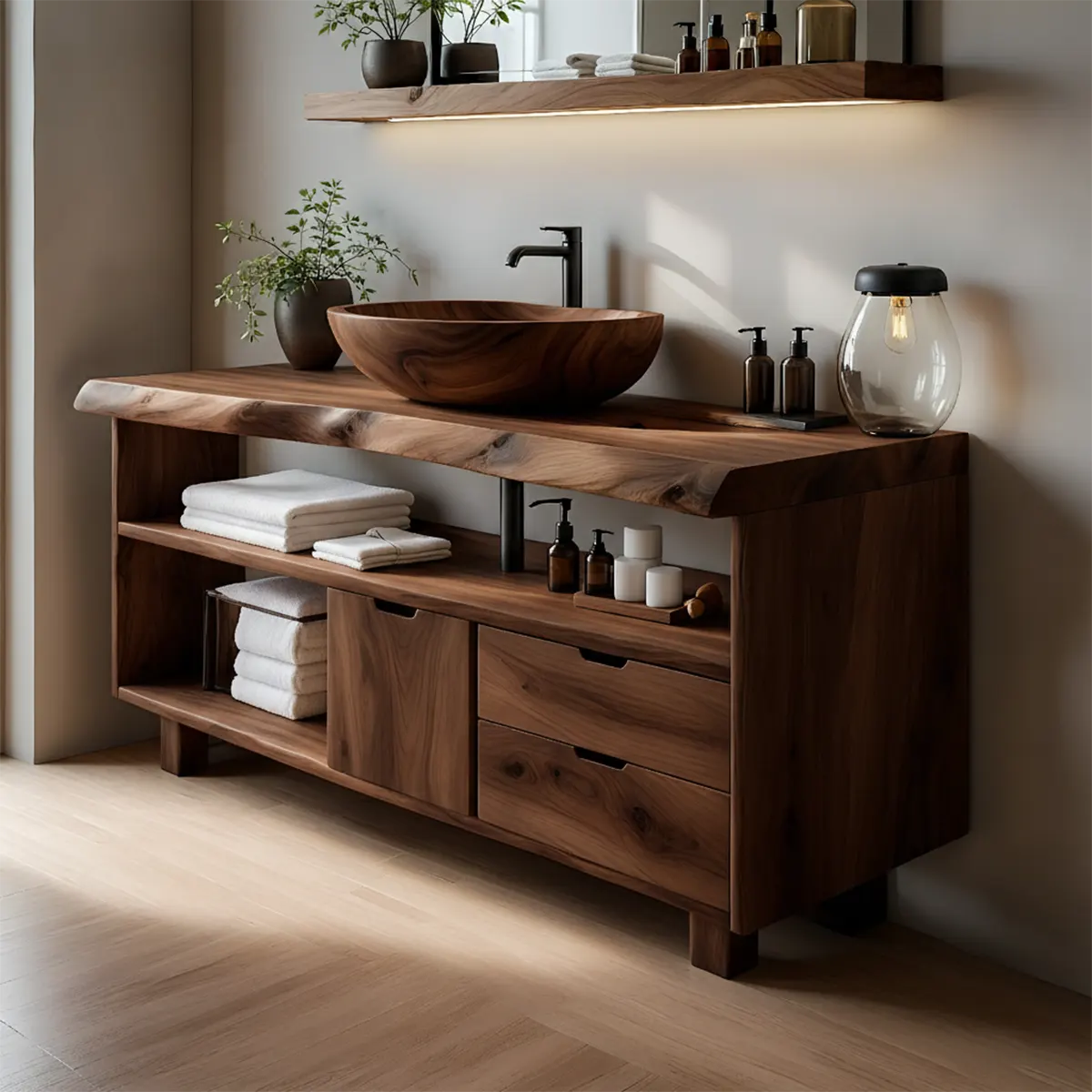 Live Edge Solid Wood Bathroom Vanity with Open Shelves & Drawers - Rustiracraft