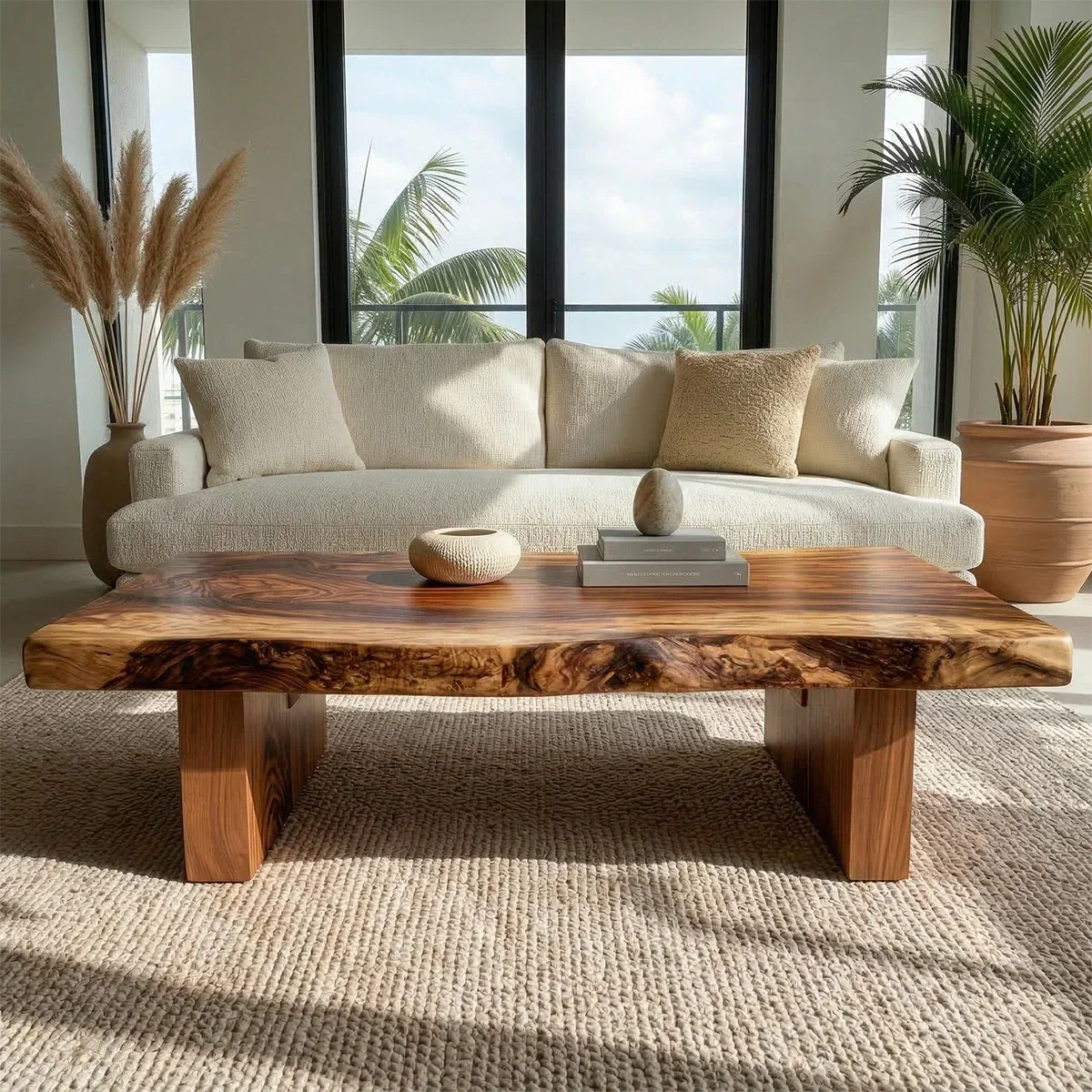 Live Edge Solid Wood Coffee Table with Thick Slab Top and Block Base - Rustiracraft