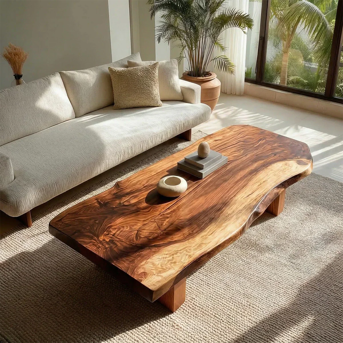 Live Edge Solid Wood Coffee Table with Thick Slab Top and Block Base - Rustiracraft
