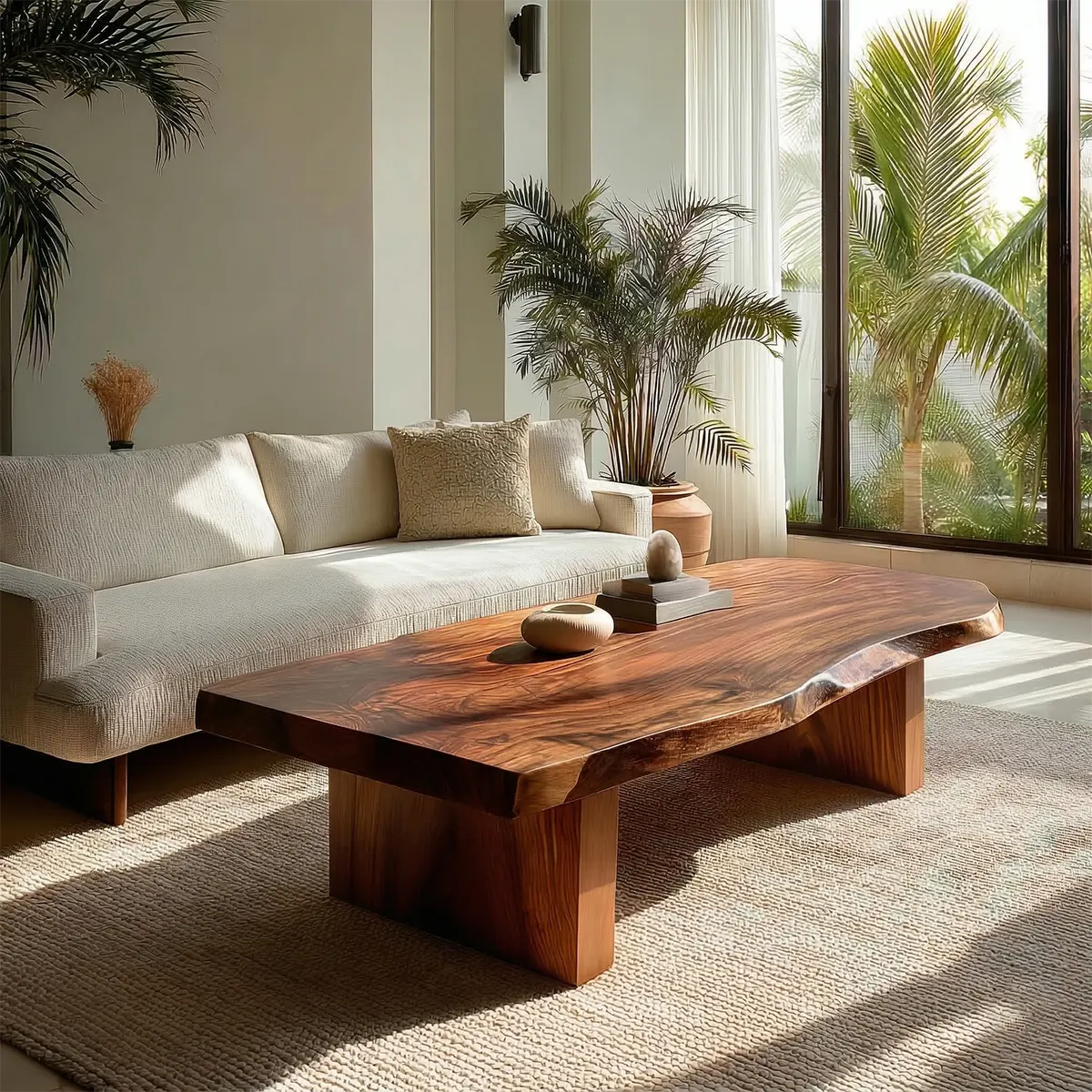 Live Edge Solid Wood Coffee Table with Thick Slab Top and Block Base - Rustiracraft