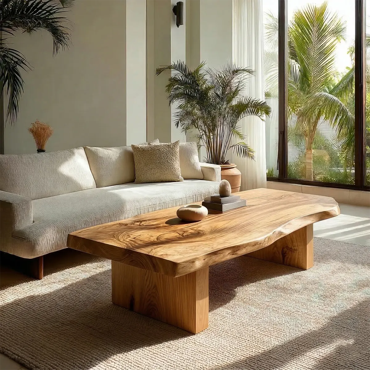Live Edge Solid Wood Coffee Table with Thick Slab Top and Block Base - Rustiracraft