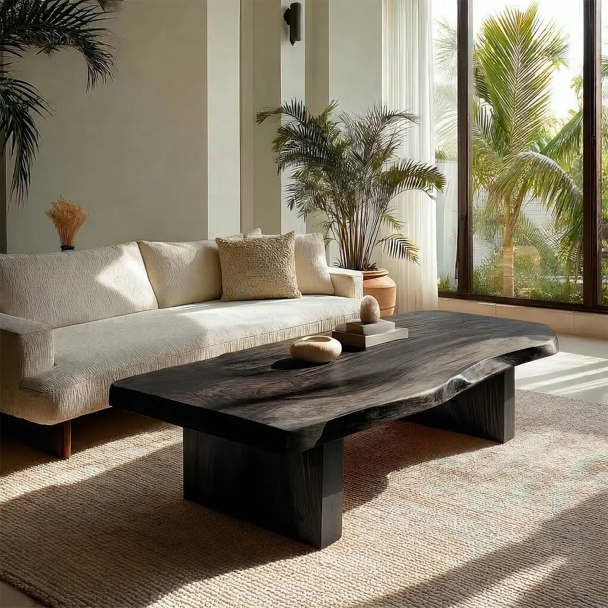 Live Edge Solid Wood Coffee Table with Thick Slab Top and Block Base - Rustiracraft
