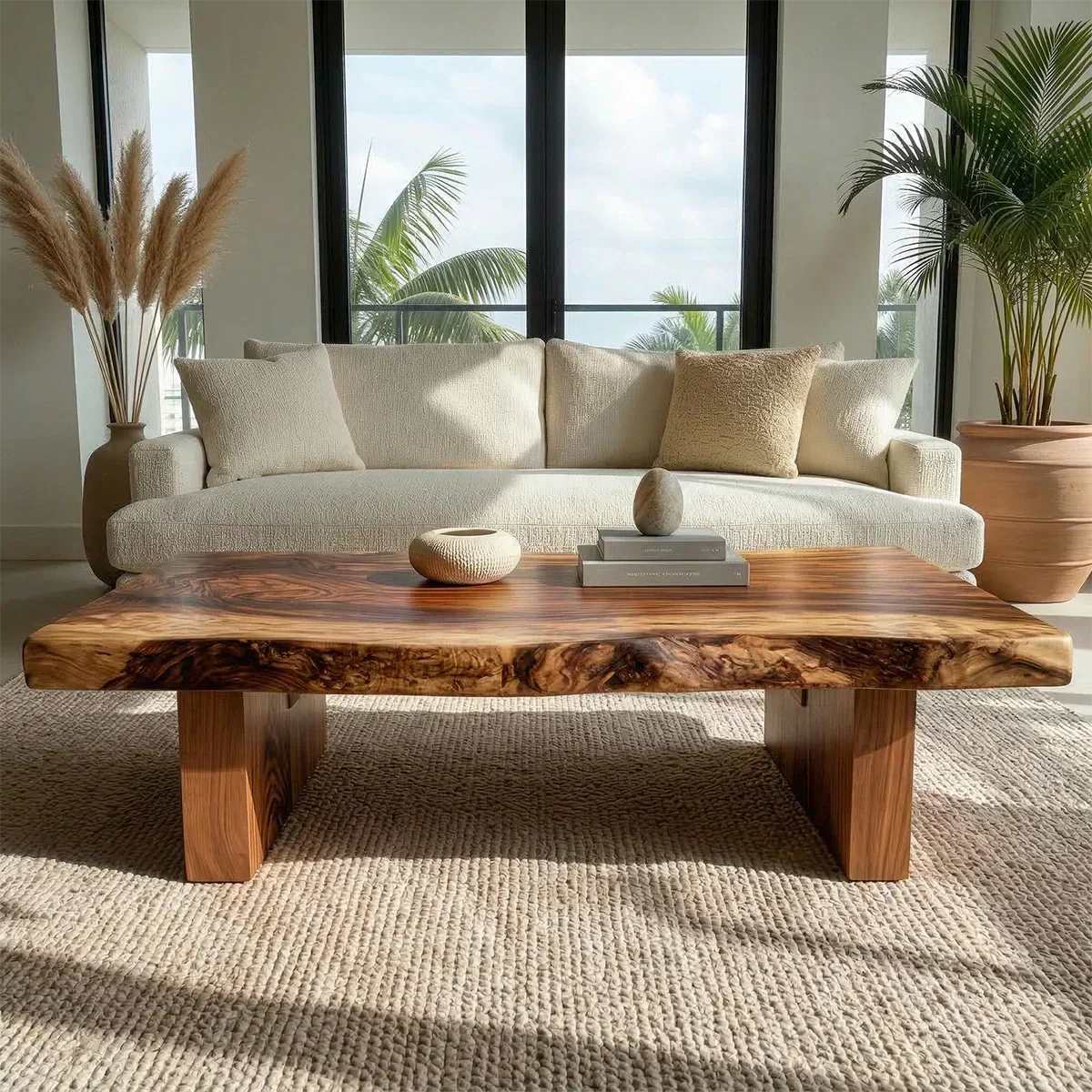 Live Edge Solid Wood Coffee Table with Thick Slab Top and Block Base - Rustiracraft