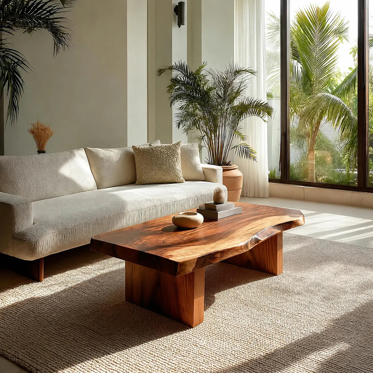 Live Edge Solid Wood Coffee Table with Thick Slab Top and Block Base - Rustiracraft