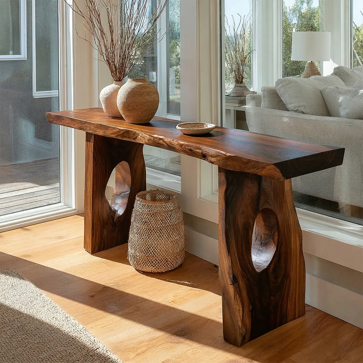 Live Edge Solid Wood Console Table with Sculptural Organic Base - Rustiracraft