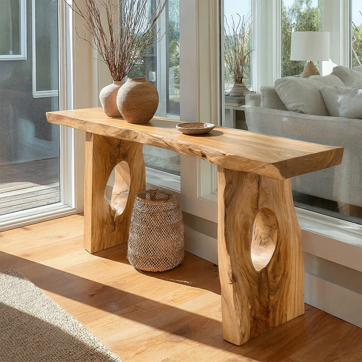 Live Edge Solid Wood Console Table with Sculptural Organic Base - Rustiracraft
