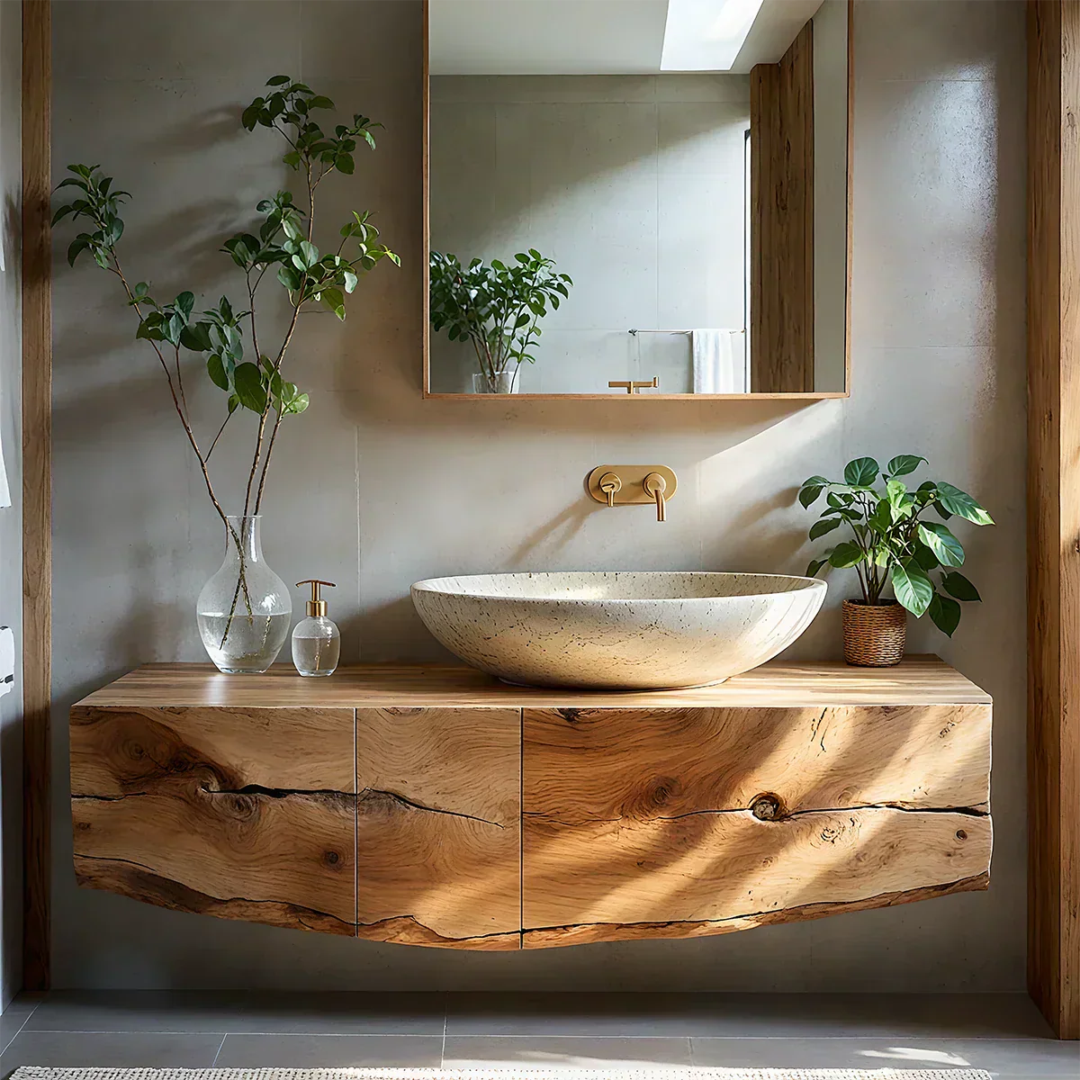 Live Edge Solid Wood Floating Vanity with Stone Basin - Rustiracraft