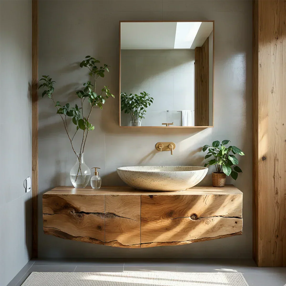 Live Edge Solid Wood Floating Vanity with Stone Basin - Rustiracraft