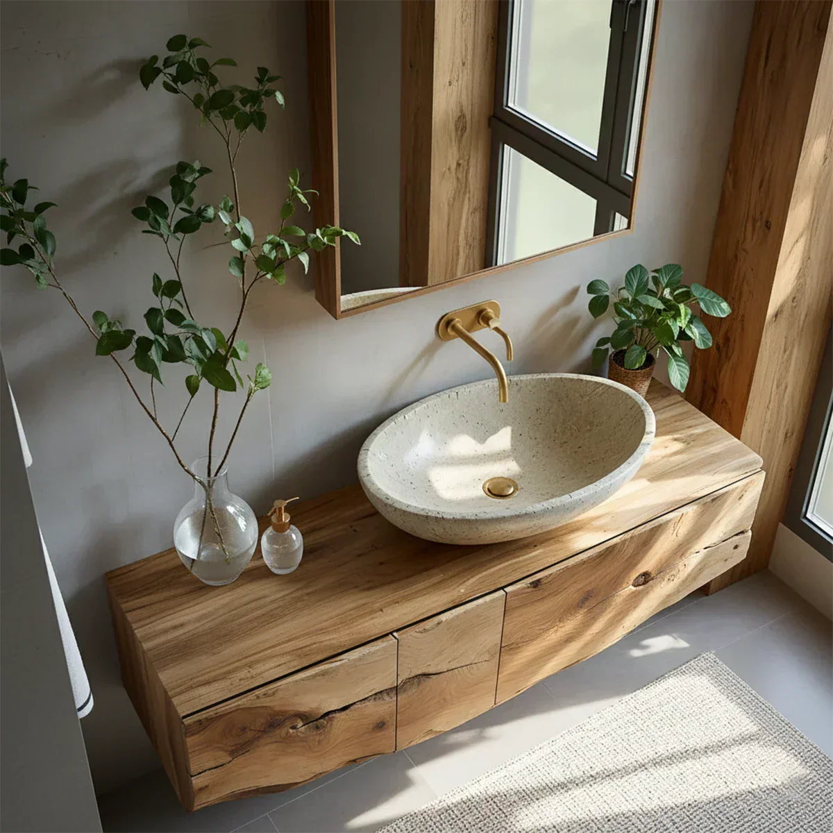 Live Edge Solid Wood Floating Vanity with Stone Basin - Rustiracraft