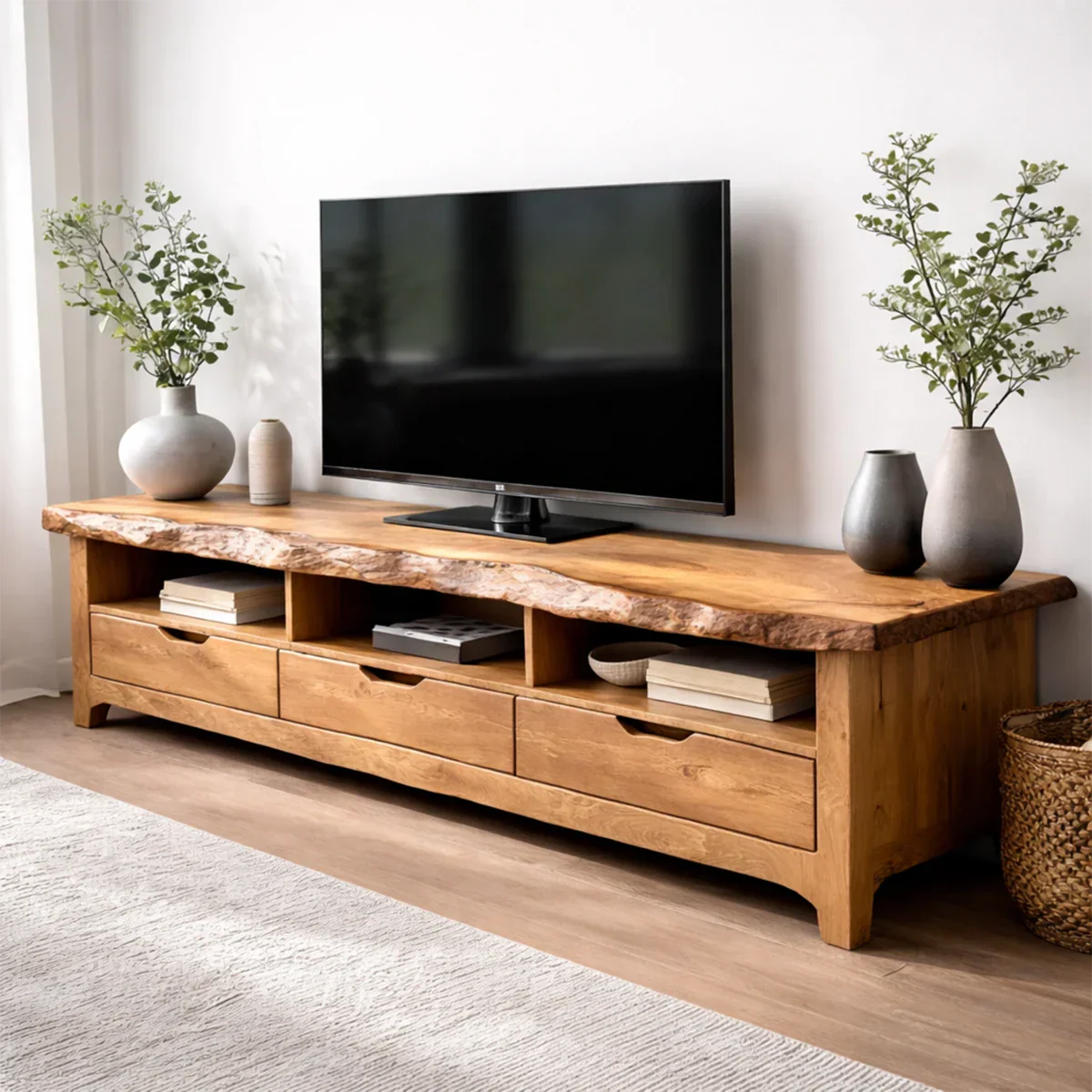 Live Edge Solid Wood TV Stand with Drawers and Open Storage - Rustiracraft