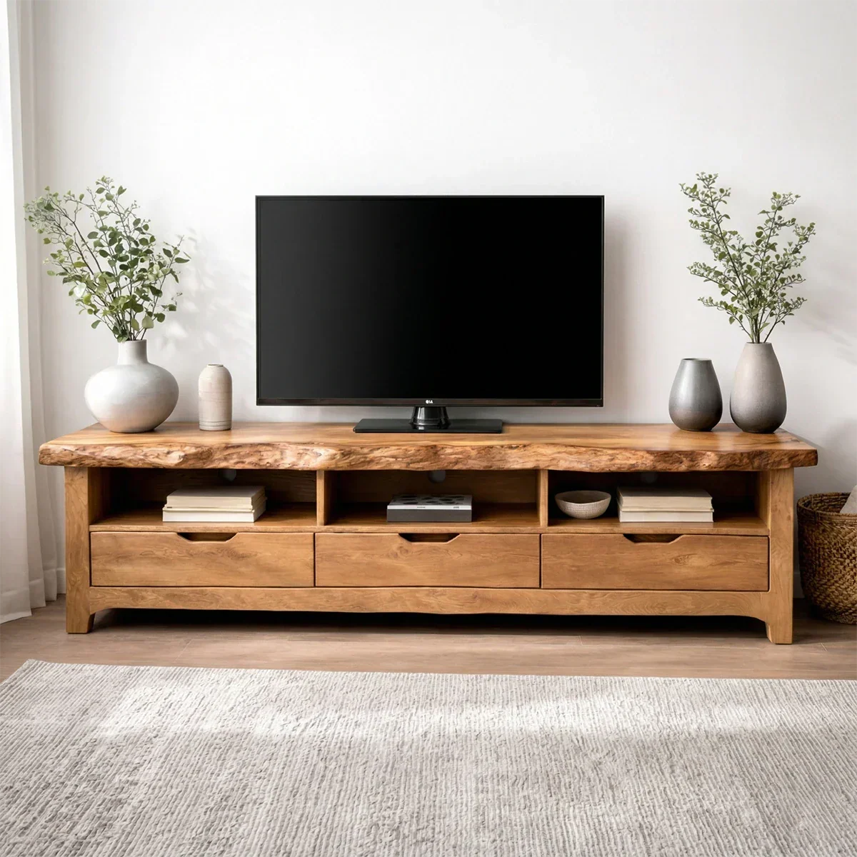 Live Edge Solid Wood TV Stand with Drawers and Open Storage - Rustiracraft