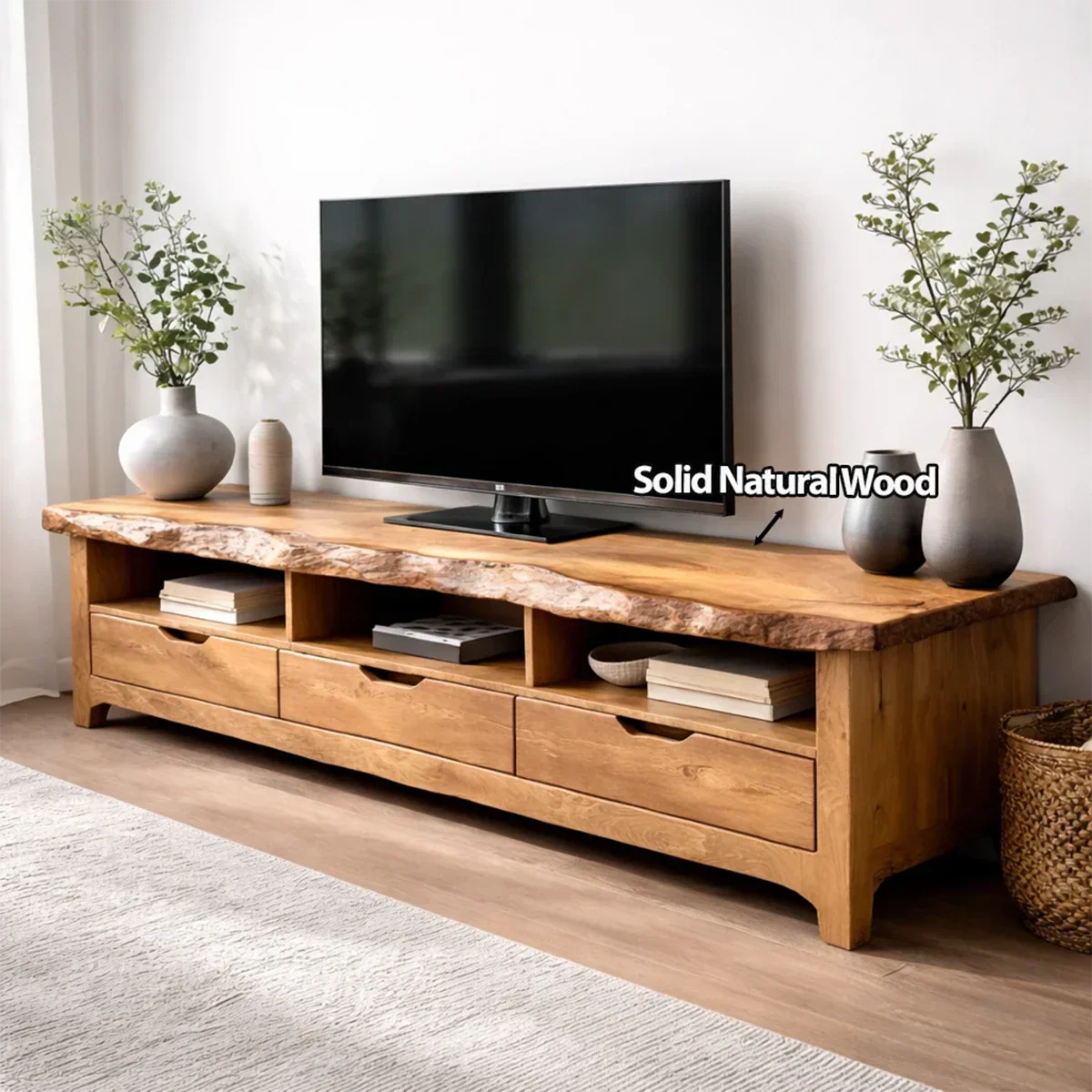 Live Edge Solid Wood TV Stand with Drawers and Open Storage - Rustiracraft