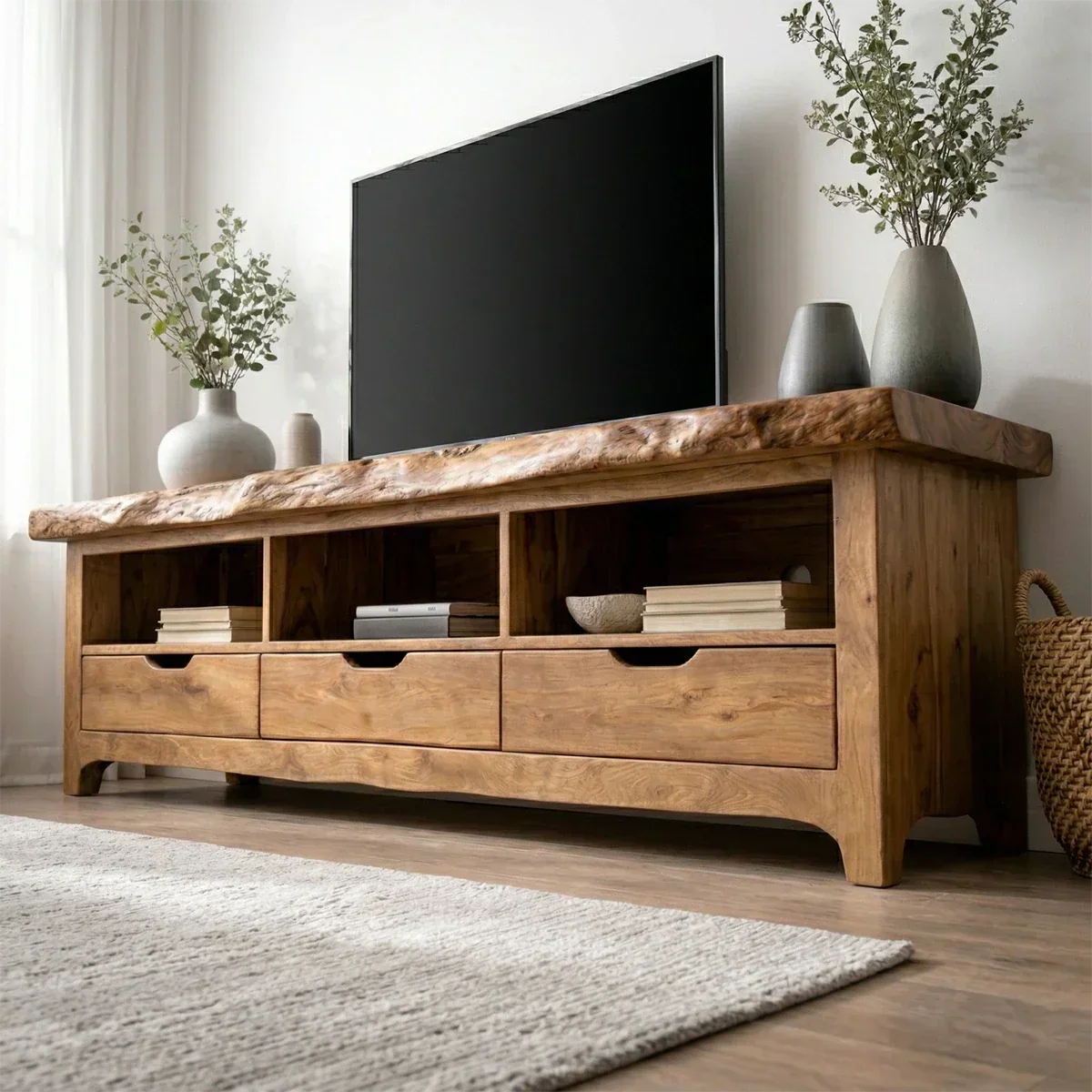 Live Edge Solid Wood TV Stand with Drawers and Open Storage - Rustiracraft
