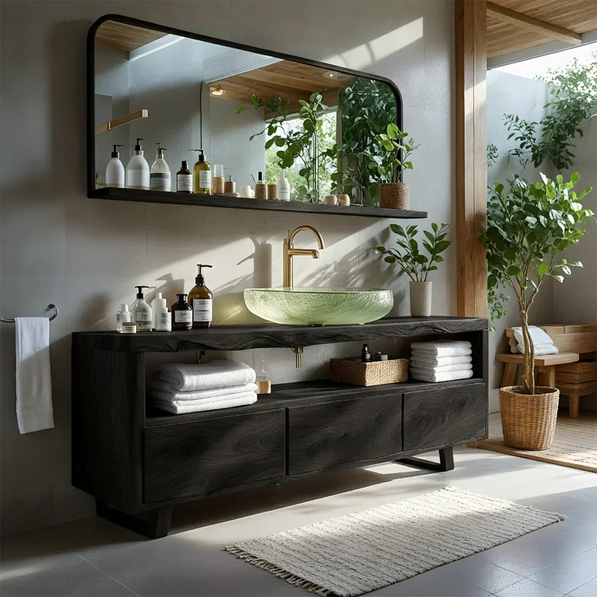 Live Edge Solid Wood Vanity with Storage – Japandi Spa Bathroom Console - Rustiracraft