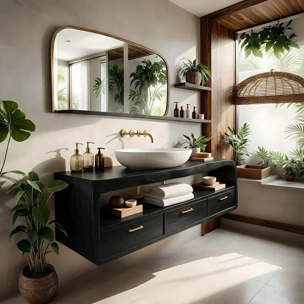 Live-Edge Walnut Finish Floating Bathroom Vanity - Solid Wood Bathroom Cabinet - Rustiracraft