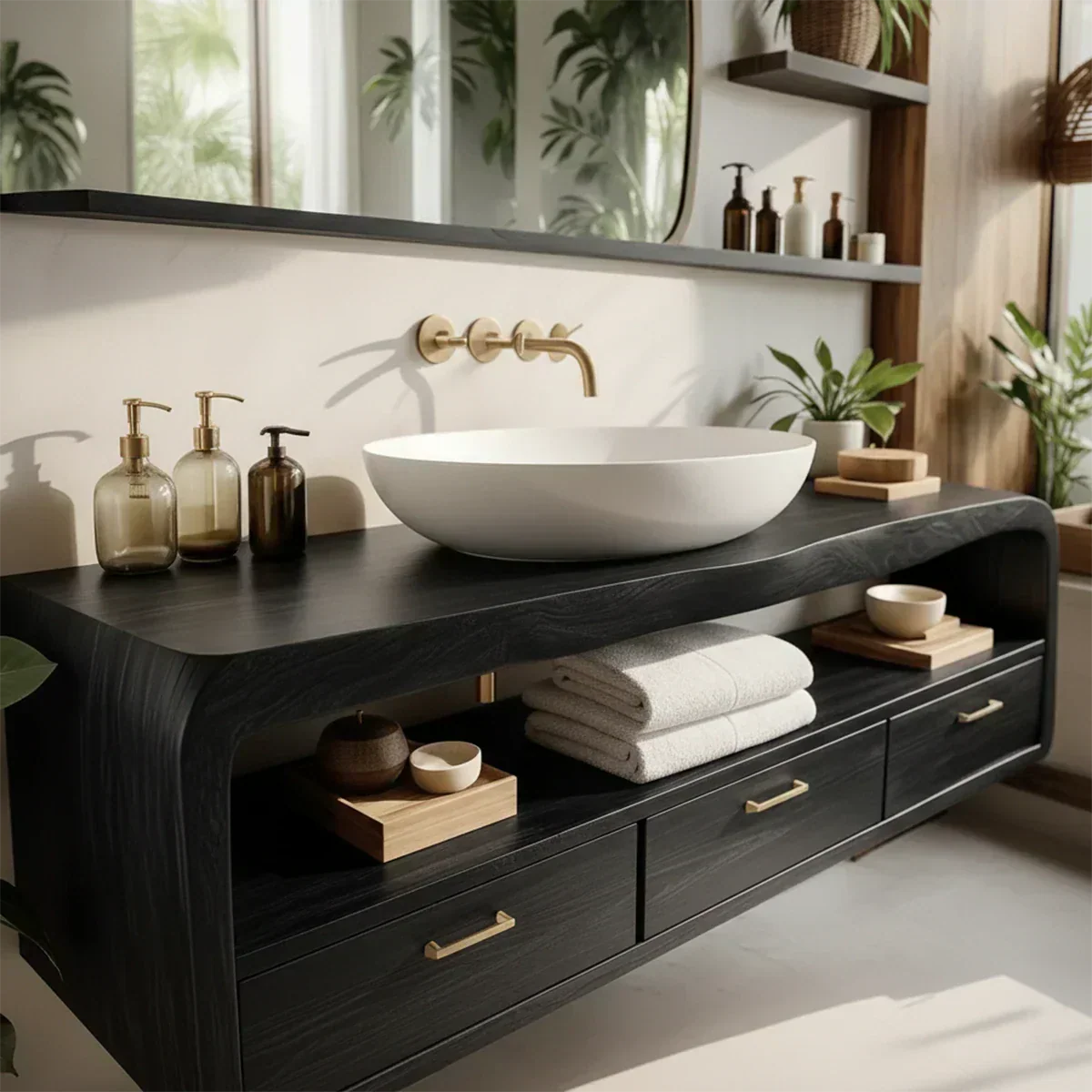 Live-Edge Walnut Finish Floating Bathroom Vanity - Solid Wood Bathroom Cabinet - Rustiracraft