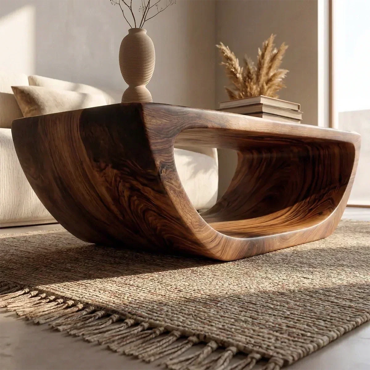 Long Sculptural Hollow Coffee Table in Organic Modern Natural Solid Wood - Rustiracraft