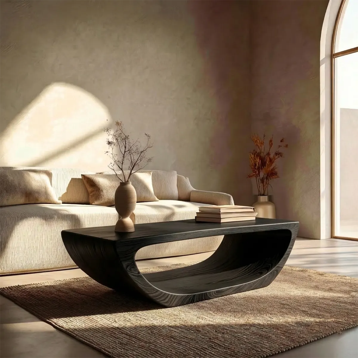 Long Sculptural Hollow Coffee Table in Organic Modern Natural Solid Wood - Rustiracraft