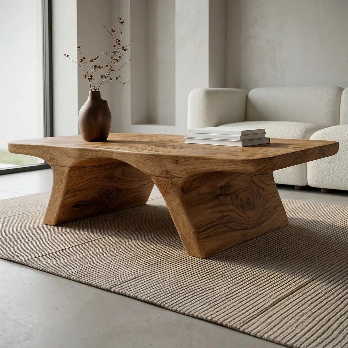 Low Profile Natural Solid Wood Coffee Table with Sculptural Base - Rustiracraft