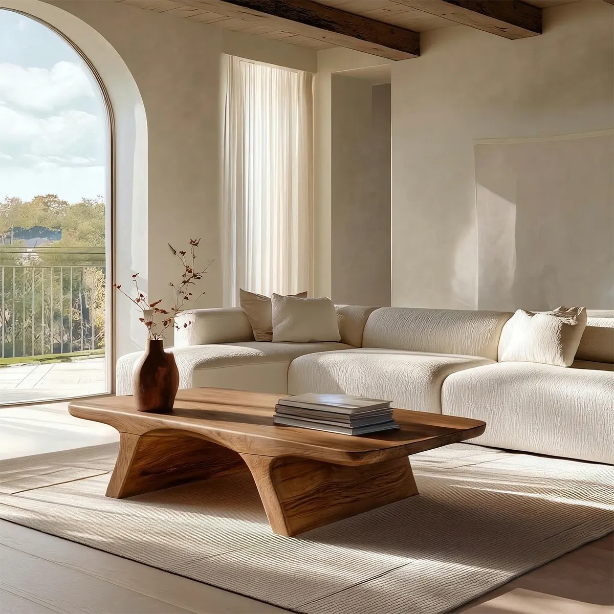 Low Profile Natural Solid Wood Coffee Table with Sculptural Base - Rustiracraft