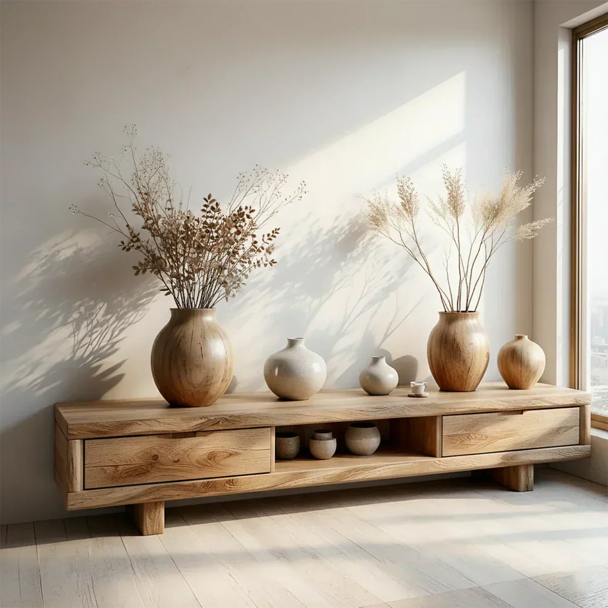 Low Solid Wood Japandi TV Stand – Minimal Zen Media Console - Rustiracraft