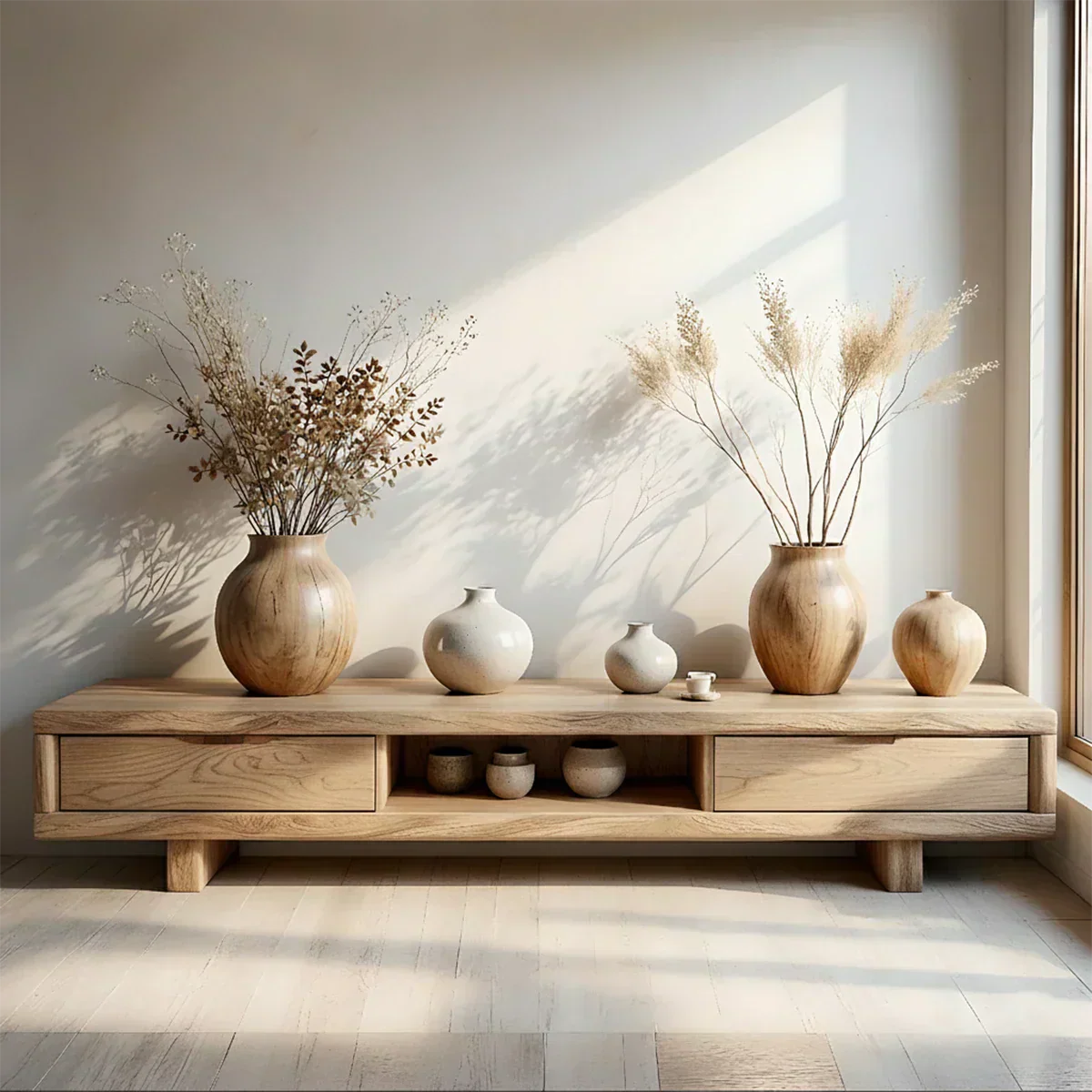 Low Solid Wood Japandi TV Stand – Minimal Zen Media Console - Rustiracraft