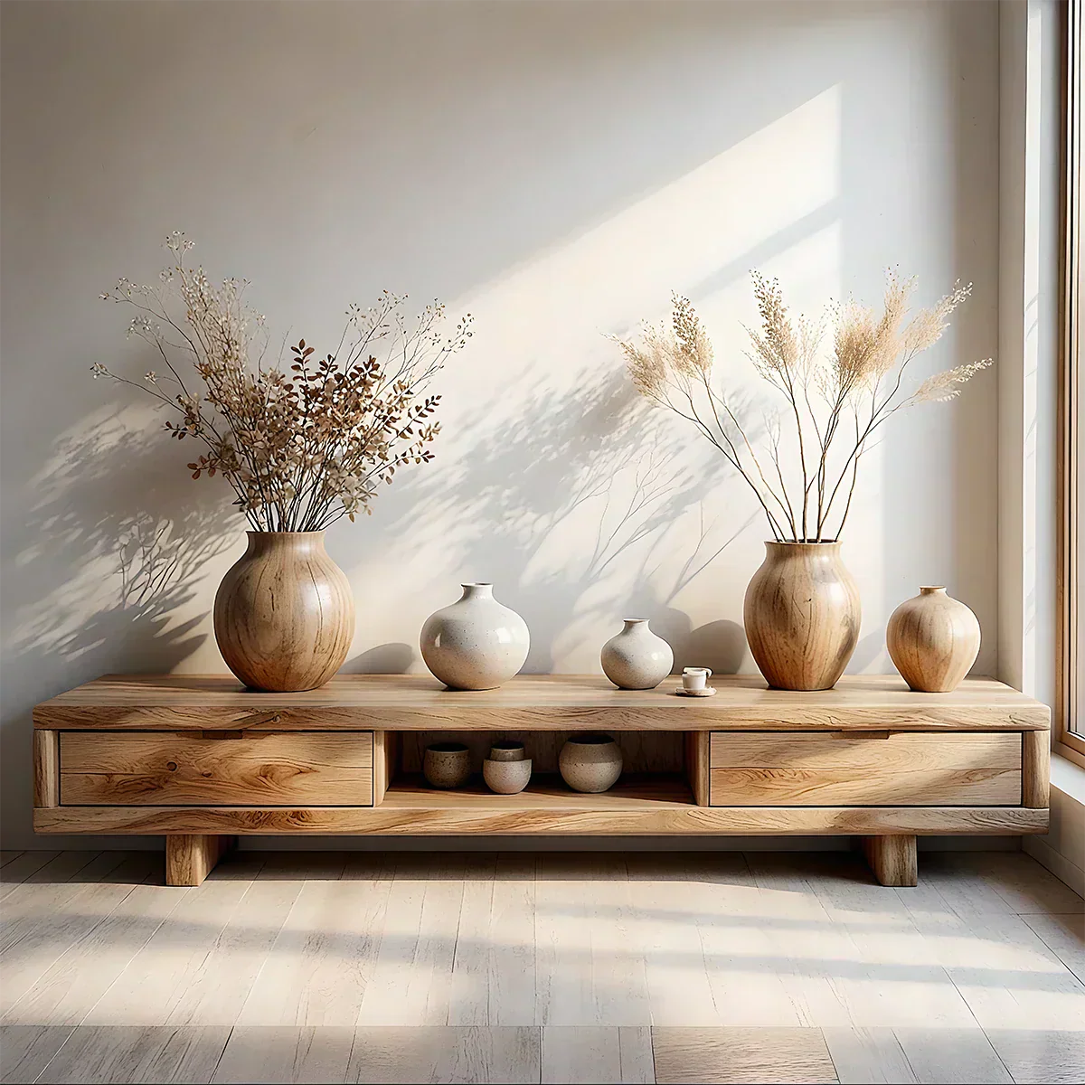Low Solid Wood Japandi TV Stand – Minimal Zen Media Console - Rustiracraft