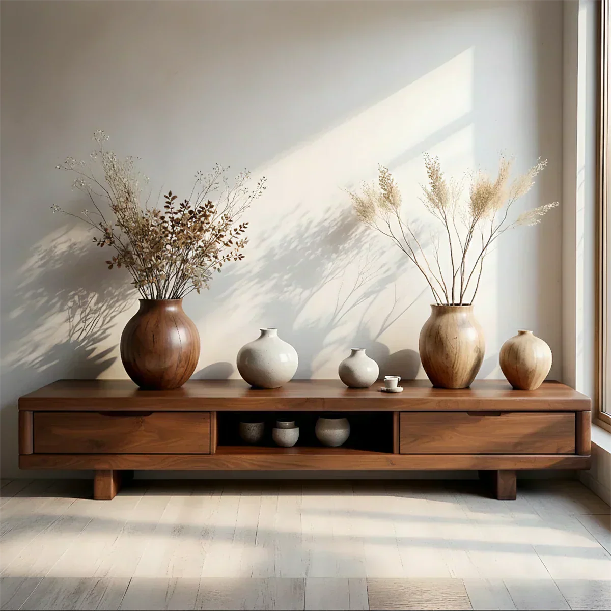 Low Solid Wood Japandi TV Stand – Minimal Zen Media Console - Rustiracraft