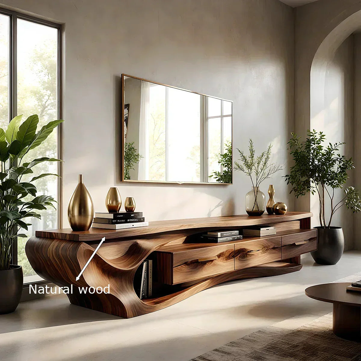 Luxury Wave-Carved Solid Wood TV Stand - Organic Modern Media Console - Rustiracraft