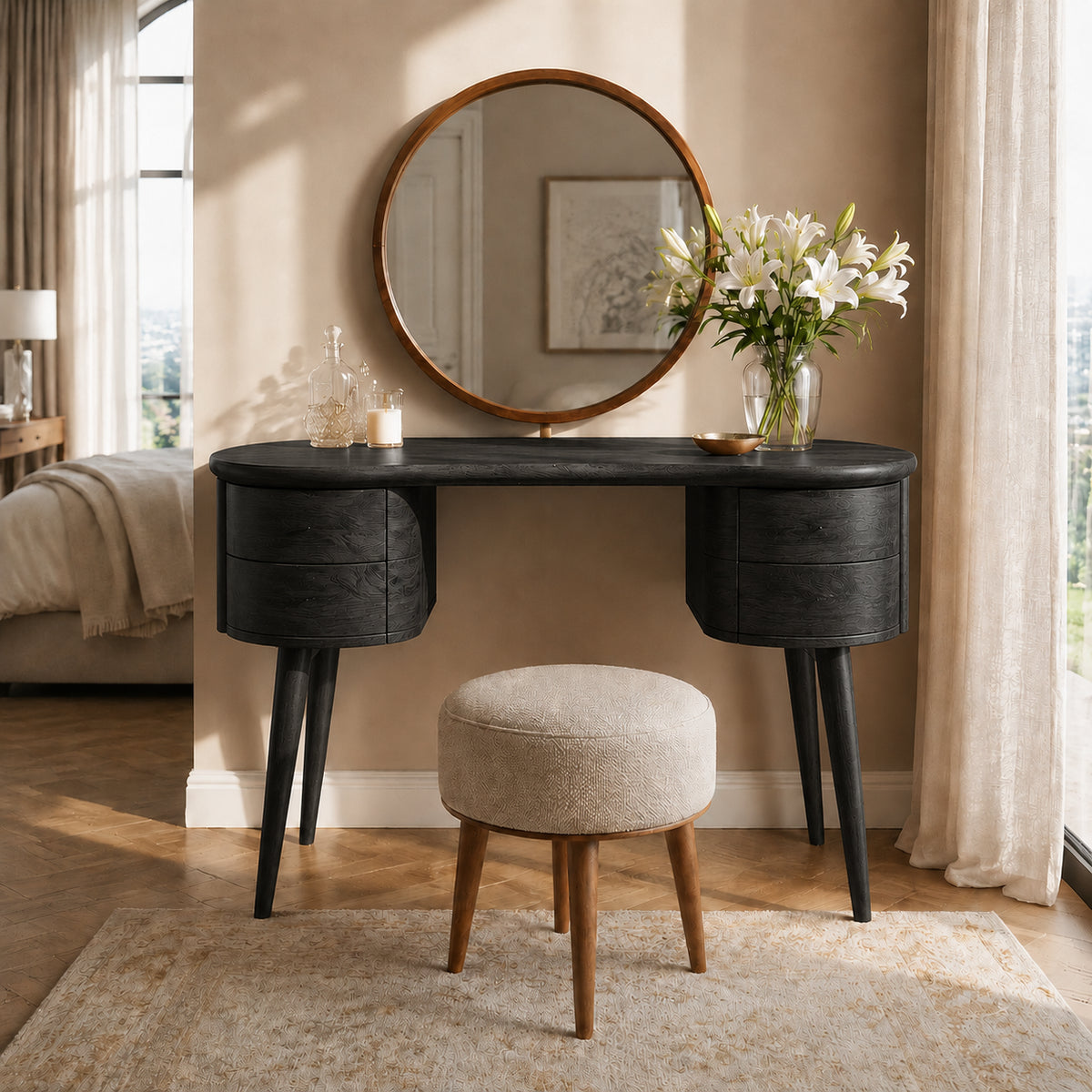 Makeup Vanity with Rounded Cylindrical Drawers in Natural Solid Wood - Rustiracraft