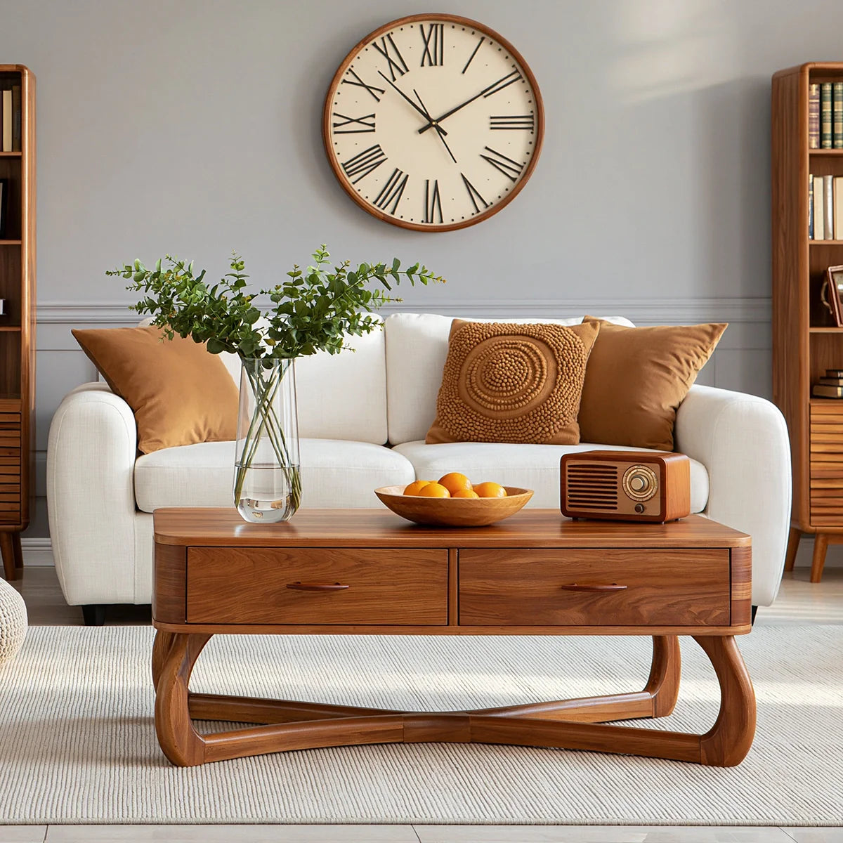 Mid-Century Modern Solid Wood Coffee Table with 2 Drawers | Walnut Living Room Center Table - Rustiracraft