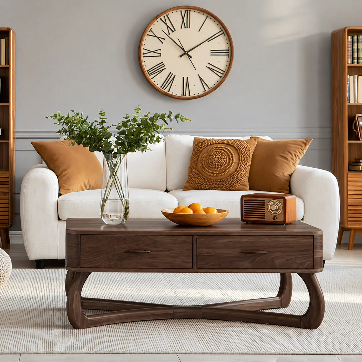Mid-Century Modern Solid Wood Coffee Table with 2 Drawers | Walnut Living Room Center Table - Rustiracraft