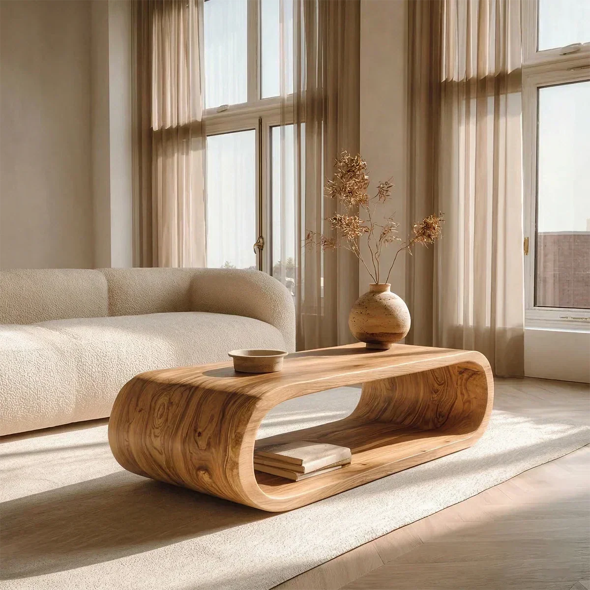 Minimalist Loop Form Natural Solid Wood Coffee Table with Open Base - Rustiracraft