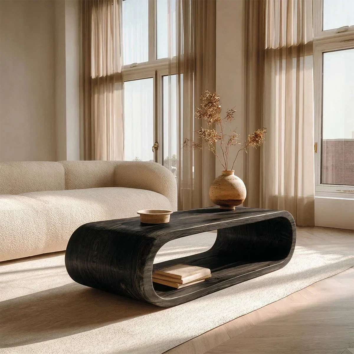 Minimalist Loop Form Natural Solid Wood Coffee Table with Open Base - Rustiracraft
