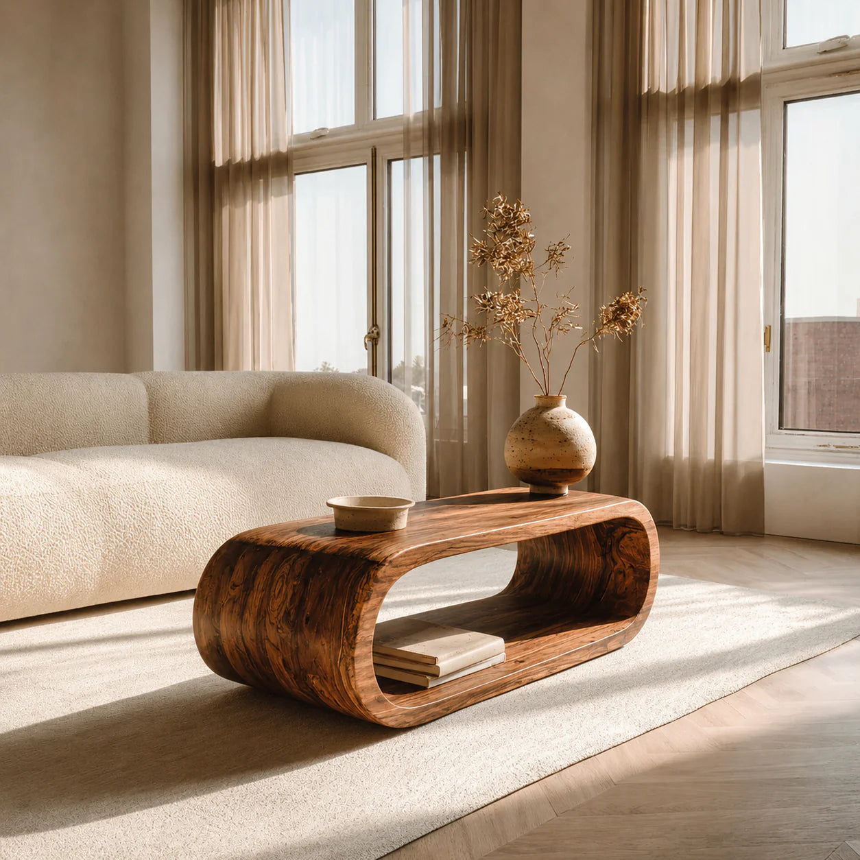 Minimalist Loop Form Natural Solid Wood Coffee Table with Open Base - Rustiracraft