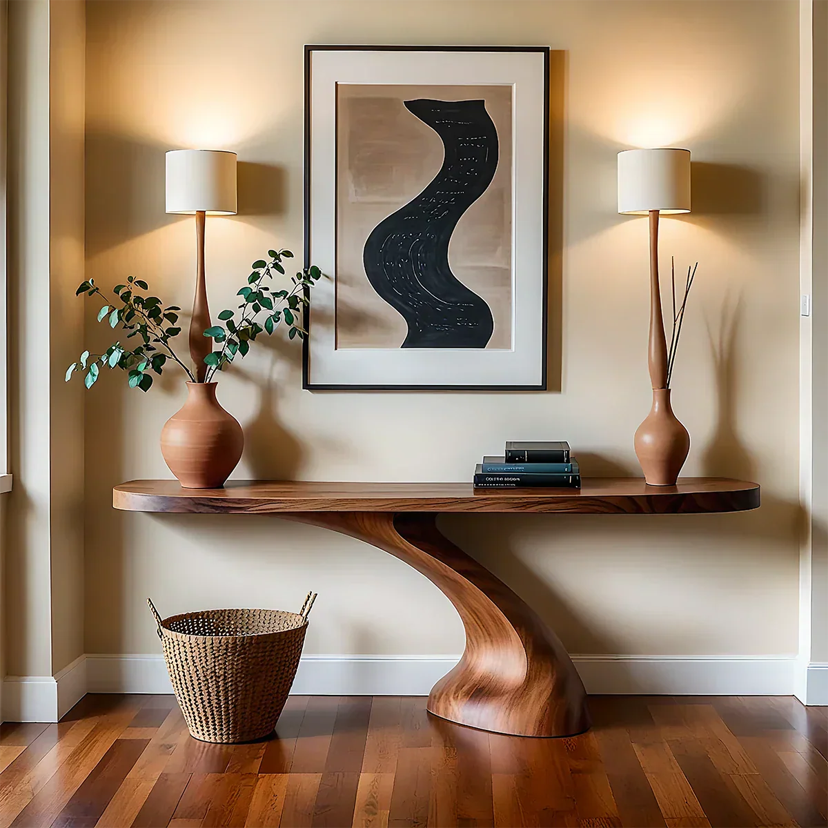 Minimalist Sculptural Console Table in Natural Solid Wood for Entryway - Rustiracraft