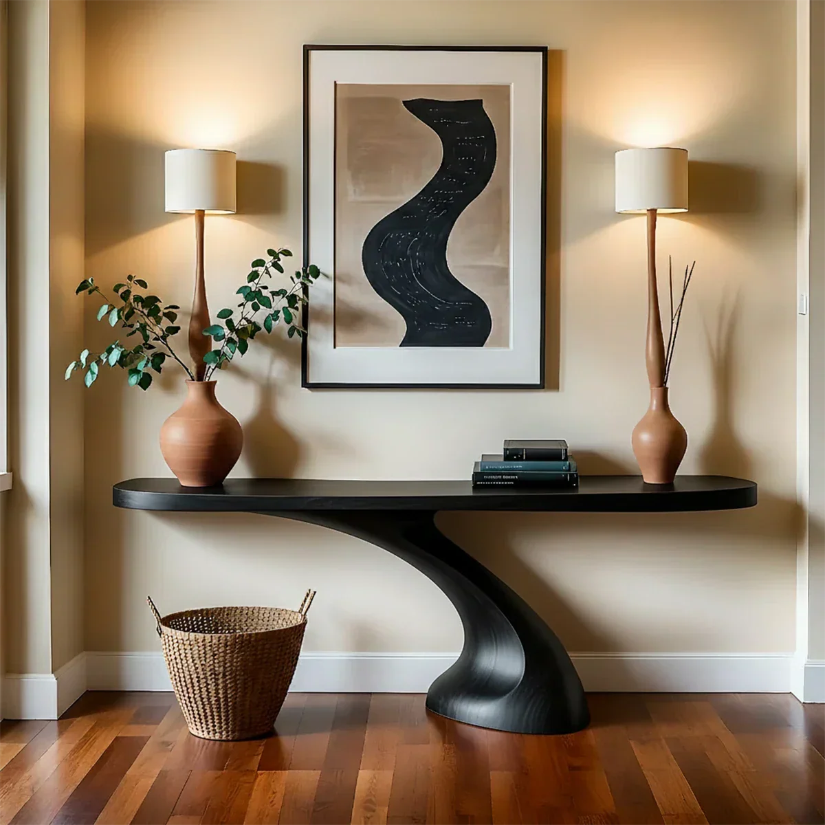 Minimalist Sculptural Console Table in Natural Solid Wood for Entryway - Rustiracraft