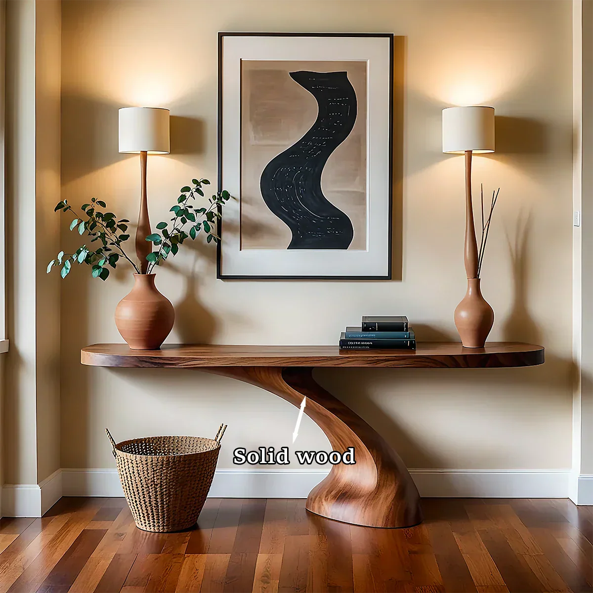 Minimalist Sculptural Console Table in Natural Solid Wood for Entryway - Rustiracraft